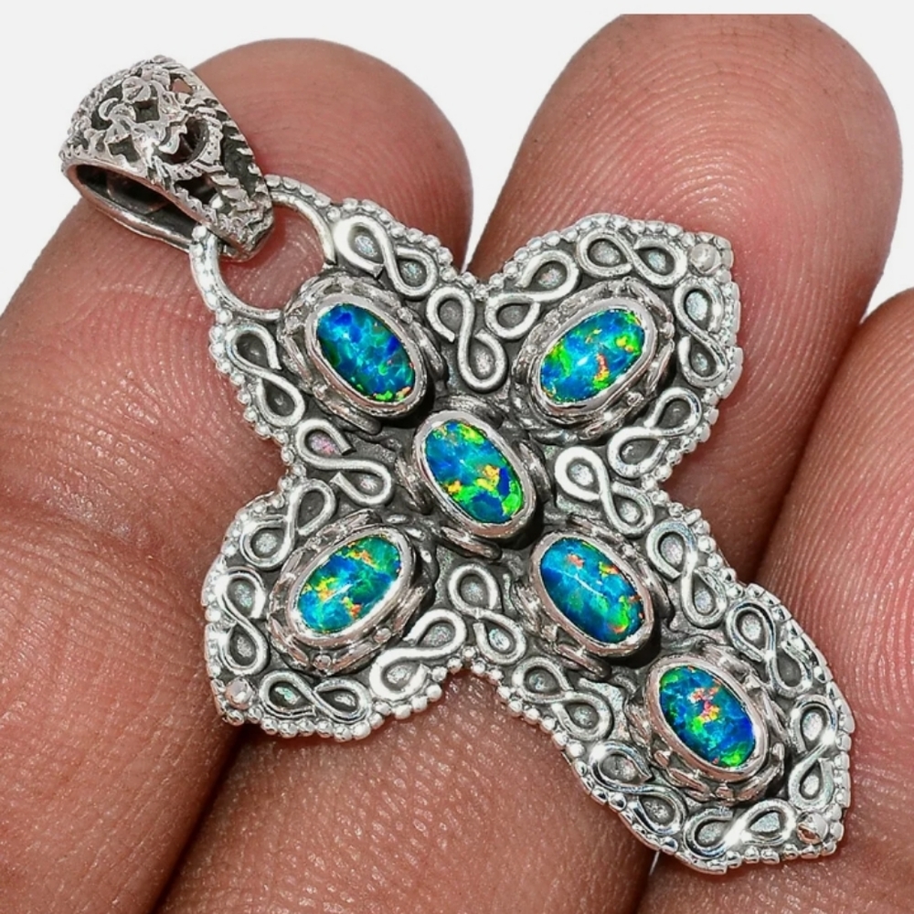 Genuine Blue Fire Opal Cross Pendant ee